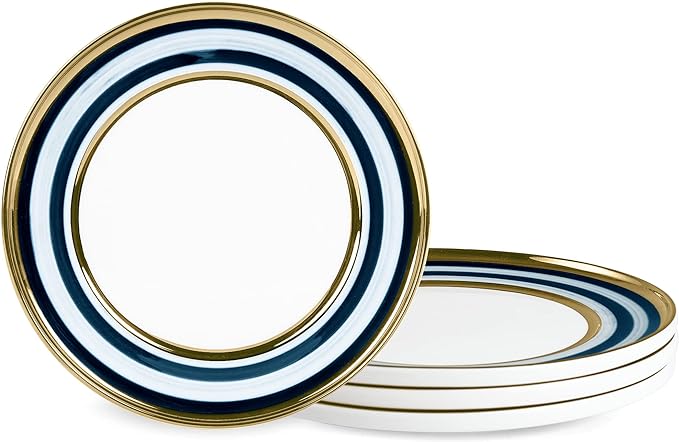 fanquare 8 Porcelain Dessert Plates Set of 4, Blue and Green Stripe Pasta Plates, Farmhouse Ceramic Dishes Set, Large Salad Plate