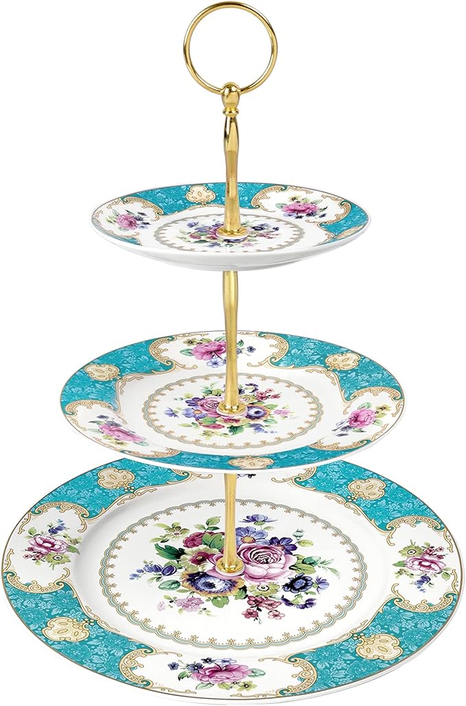 fanquare 3 Tier Porcelain Cake Stand, Blue Vintage Cupcake Stand, Display Tower Tray for Party, Birthday, Wedding