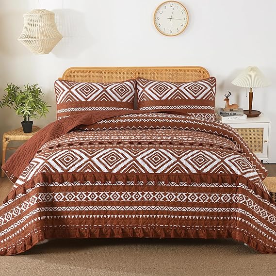 DJY Boho Tassel Quilt Set Queen, 3 Pieces Burnt Orange Terracotta Quilt Bedding Set with 2 Pillowcases, Lightweight Microfiber Bohemian Bedspread Coverlet Set for All Season (96x90)