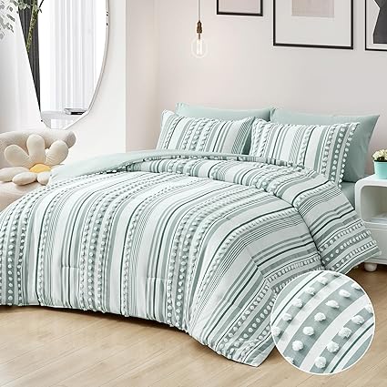 Boho Comforter Set Queen Size Green and White Tufted Ball Striped Design, Shabby Chic Farmhouse Comforter and Sheet Set, 7 Piece Bed in a Bag Pom Pom Complete Bedding Set (90'x90')