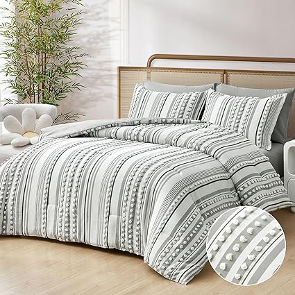 Boho Comforter Set Queen Size Grey and White Tufted Ball Striped Design, Shabby Chic Farmhouse Comforter and Sheet Set, 7 Piece Bed in a Bag Pom Pom Complete Bedding Set (90'x90')