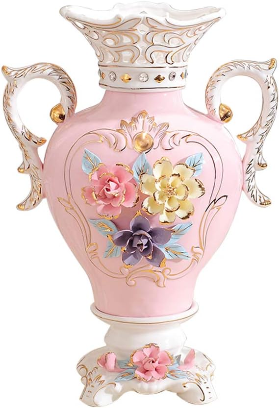 ufengke European Vintage Ceramic Vase,3D Flowers Binaural Porcelain Vase,for Wedding Decoration and Gift,13.8,Pink