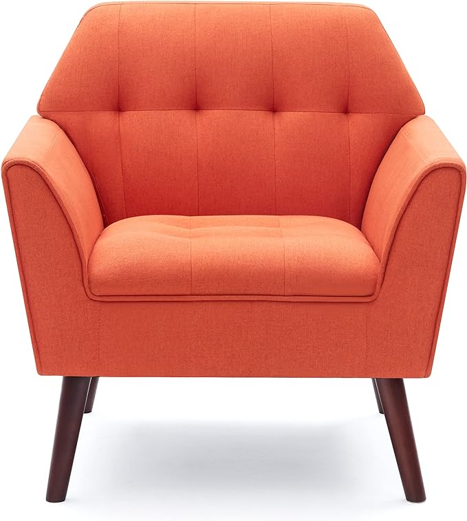 Kingfun Accent Chairs for Bedroom, Midcentury Modern Accent Arm Chair for Living Room, Linen Fabric Comfy Reading Chair, Tufted Comfortable Sofa Chair, Upholstered Single Sofa, Orange