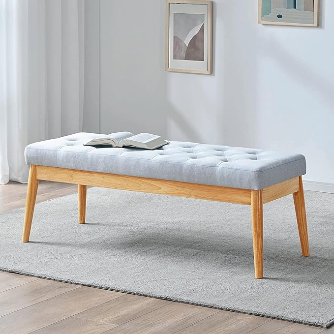 Kingfun Extra-Long Upholstered Tufted Bed Bench Seat for Bedroom, Entryway Wood Bench with Sturdy Wooden Legs, Buttoned Vanity Rectangle Dining Bench (Grey)