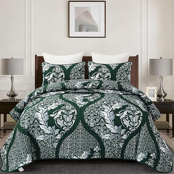 Green Quilt Set King Size, Emerald Boho Damask Bedspread Coverlet Set Soft Lightweight Microfiber Luxury Bedding Set 3 Pieces for All Season (104x90)