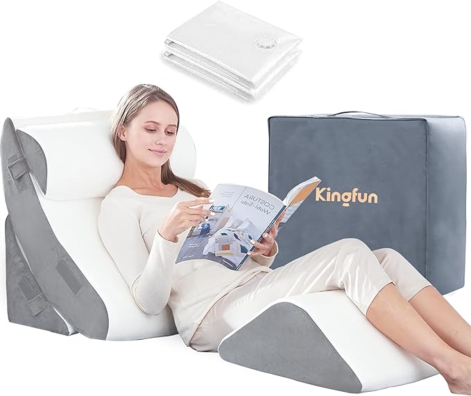 Kingfun 4pcs Orthopedic Bed Wedge Pillow Set for Post Surgery, Memory Foam for Sleeping, Adjustable Leg, Back and Arm Support, Sitting Up and Rest Pillow with Travel Bag