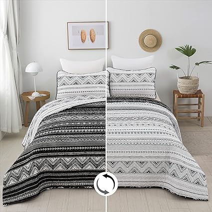 DJY Boho Aztec Quilt Set Queen Size(90x96), Black n White Striped Geometric Bedding Bedspreads, Reversible Microfiber Quilted Coverlet Sets for All Season, 3 Pieces(1 Quilt 2 Pillowcases)