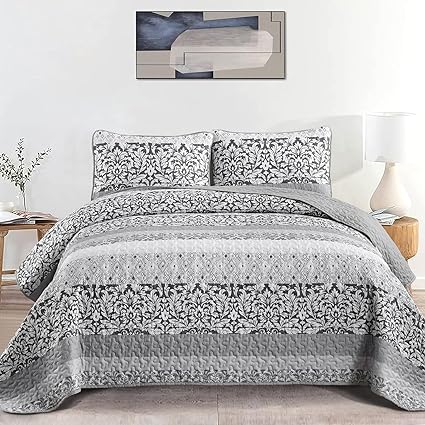 DJY Boho Quilt Set Queen Size Grey Patchwork Striped Bedspread Coverlet Set 3 Piece, Paisley Bedspread Soft Microfiber Bedding Set for All Season, 96'x90'