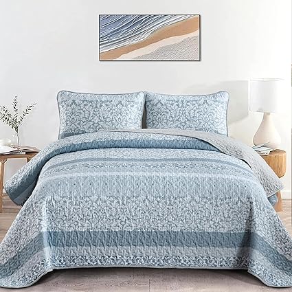 DJY Boho Quilt Set Queen Size Blue Patchwork Striped Bedspread Coverlet Set 3 Piece, Paisley Bedspread Soft Microfiber Bedding Set for All Season, 96'x90'