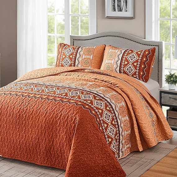 DJY Boho Quilt Set Queen 3 Pieces Burnt Orange/Rust Bedspread Reversible Geometric Coverlet Set for All Season Lightweight Microfiber Bohemian Bedding Set 90x 96