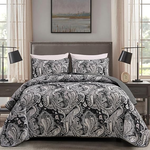 DJY Black Paisley Quilt Set King Size Boho Bedspread Coverlet Set 3 Pieces, Soft Lightweight Black and Gray Paisley Floral Pattern Bedding for All Season, 104'x90'