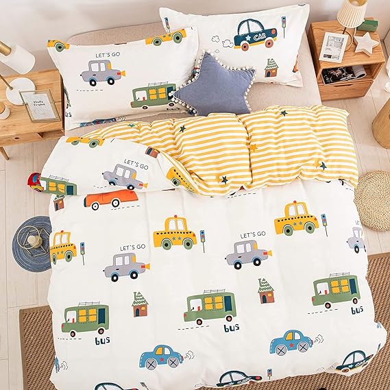 Cars Cartoon Duvet Cover Set Twin Size, 2 Pieces 100% Cotton Breathable Bedding Sets (1 Duvet Cover 1 Pillowcase), Reversible Stripes Printed Comforter Cover Set for Kids Teens Boys Girls