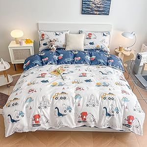 Dinosaur Kids Duvet Cover Set Twin, 100% Cotton Dino Truck Car Bedding Set for Boys Girls Toddler, 2 Pieces Reversible Dinosaur Comforter Cover Set (1 Duvet Cover 1 Pillowcase)