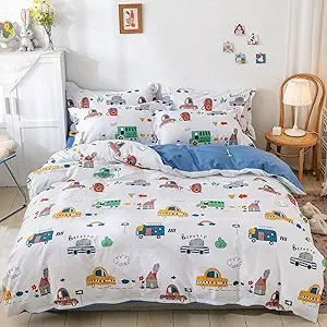 Kids Car Duvet Cover Set Twin, 100% Cotton Cars Bus Print Bedding Set for Boys Girls, 2 Pieces Soft Breathable Reversible Comforter Cover Set (1 Duvet Cover 1 Pillowcase)