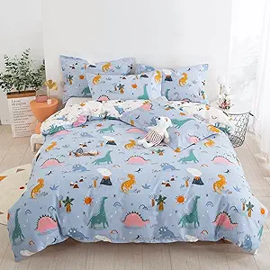 Dinosaur Duvet Cover Set Twin, 100% Cotton Blue White Reversible Kids Bedding Set for Boys Girls, 2 Pieces Ultra Soft Breathable Comforter Cover Set (1 Duvet Cover 1 Pillowcase)