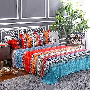 Boho Sheets Set Queen(4 PCS) Boho Colorful Tribal Striped Bed Sheets 14 Deep Pocket Ethnic Fitted Sheet Bohemian Flat Sheets 2 Pillowcases