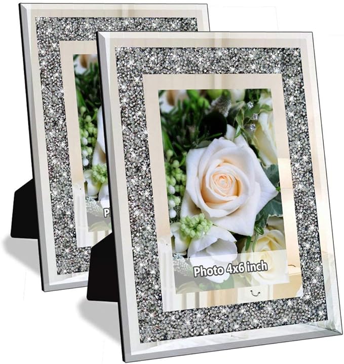 ALLARTONLY Crush Diamond Mirror Photo Frame In Bling Sparkle Crystal Silver Glass Finish, For Picture Size 4x6 inch, Pack of 2 Piece, table top Stand frame & Wall Frame