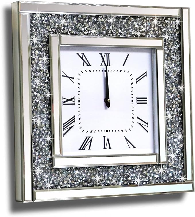 Crush Diamond Mirrored Square Decorative Mirror Wall Clock for Home Decoration Crystal Sparkle Twinkle Bling Wall Décor. Size 19.7x19.7”, AA Battery not Included.