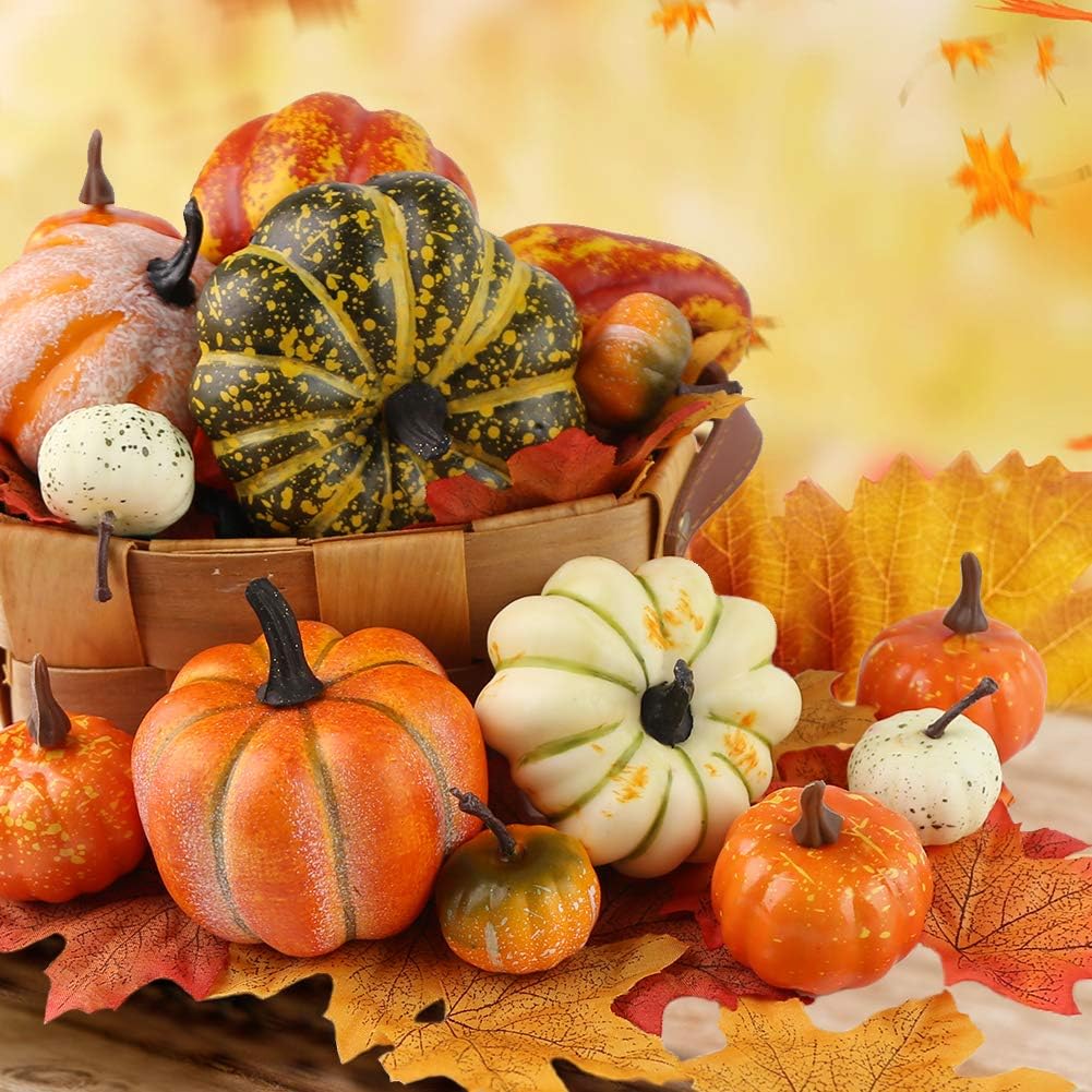 HAKACC 14 PCS Artificial Lifelike Simulation Mixed Pumpkins Fake Pumpkins with 30PCS Fake Maple Leaves Festival Thanksgiving Fall Harvest Home Decoration