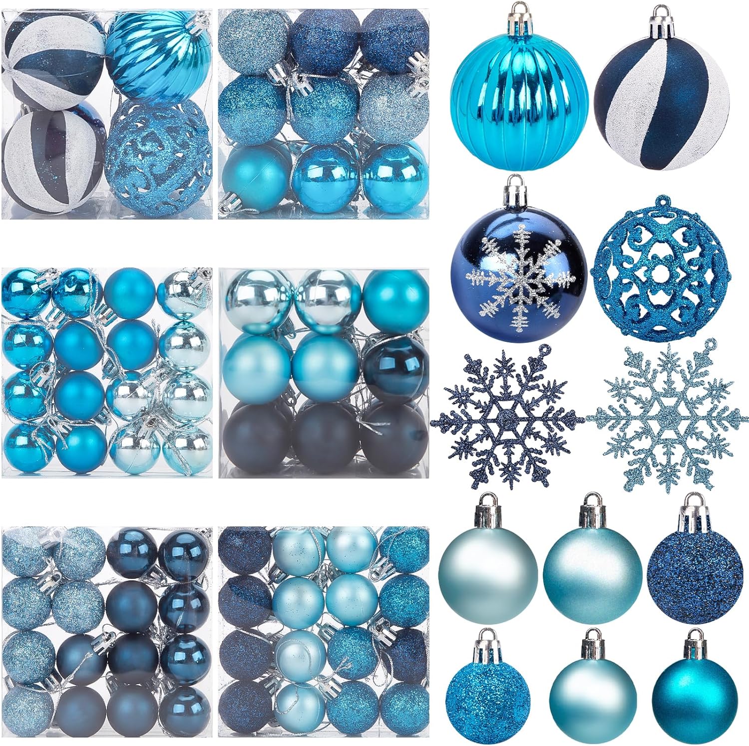 HAKACC 100PCS Christmas Ball Ornaments, Shatterproof Christmas Tree Ornaments Blue Baubles Snowflakes Hanging Ornaments for Xmas Tree Wreath Christmas Party Wedding