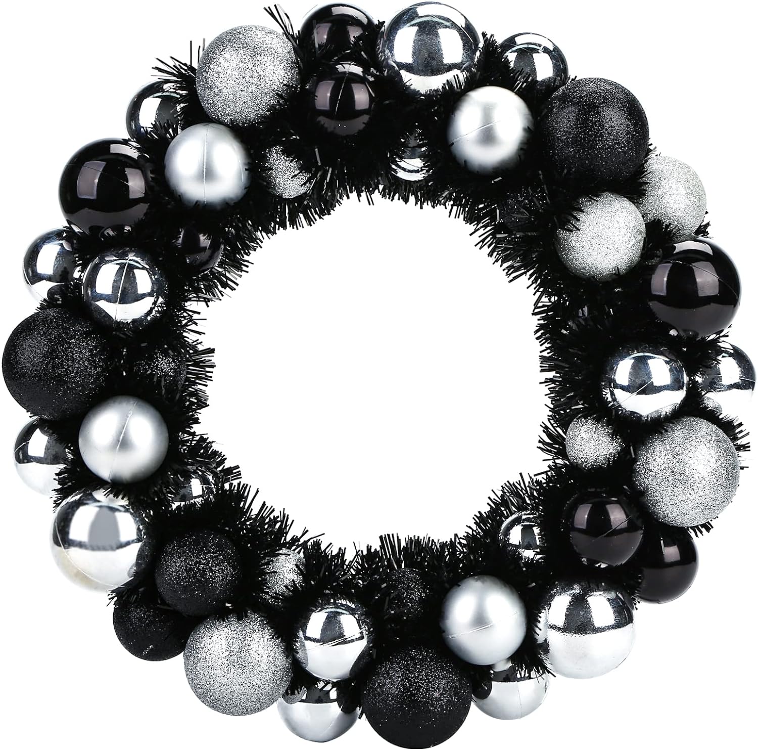 HAKACC Christmas Decor Ball Wreath,13 Inches Black and Silver Ornament Garland Decoration for Christmas Festival Celebration Door Window Wall Home Theme Party Decoration