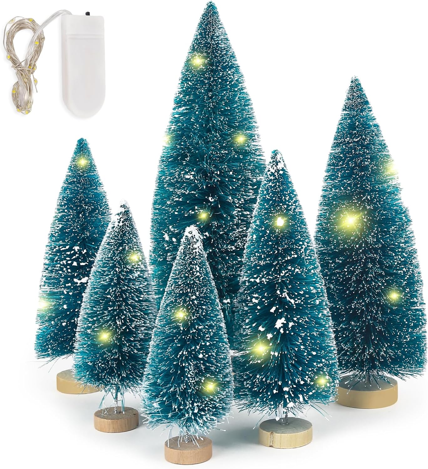 HAKACC 6PCS Mini Christmas Trees, Snowed Sisal Trees Light Up Bottle Brush Trees with String Lights for Xmas Winter Home Table Decoration