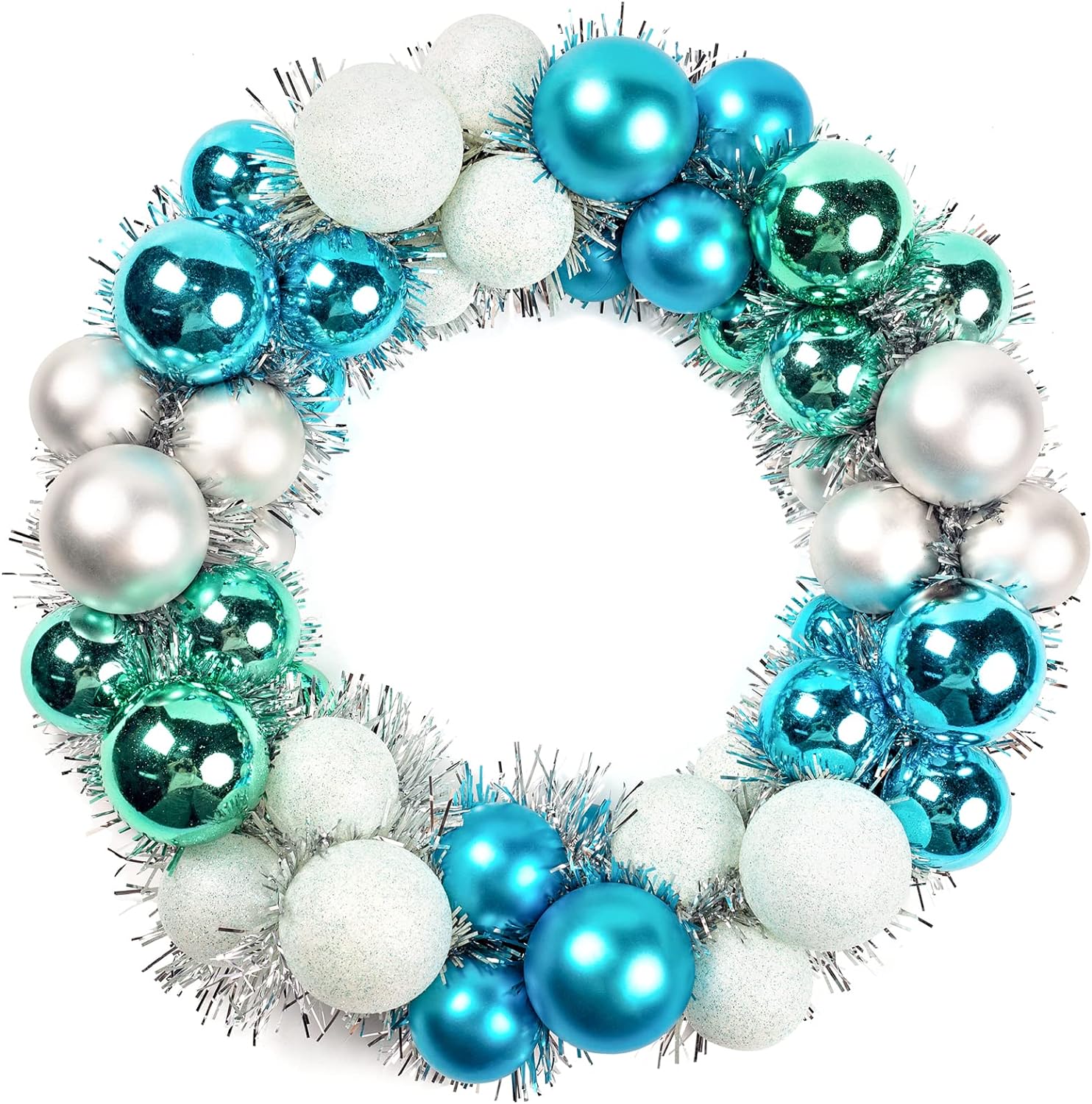 HAKACC Christmas Ball Wreath, 13 Inch Glitter Ball Garland Shatterproof Ball Ornaments Blue Silver Tinsel for Front Door Hanging Decoration