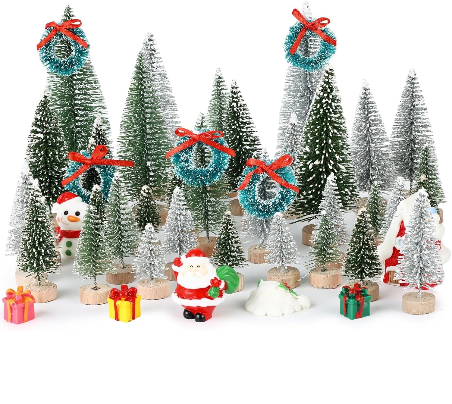 HAKACC 48PCS Mini Christmas Trees and Resin Miniatures, Sisal Snow Trees Christmas Bottle Brush Tress with Miniatures for Xmas Winter Home Table Decoration