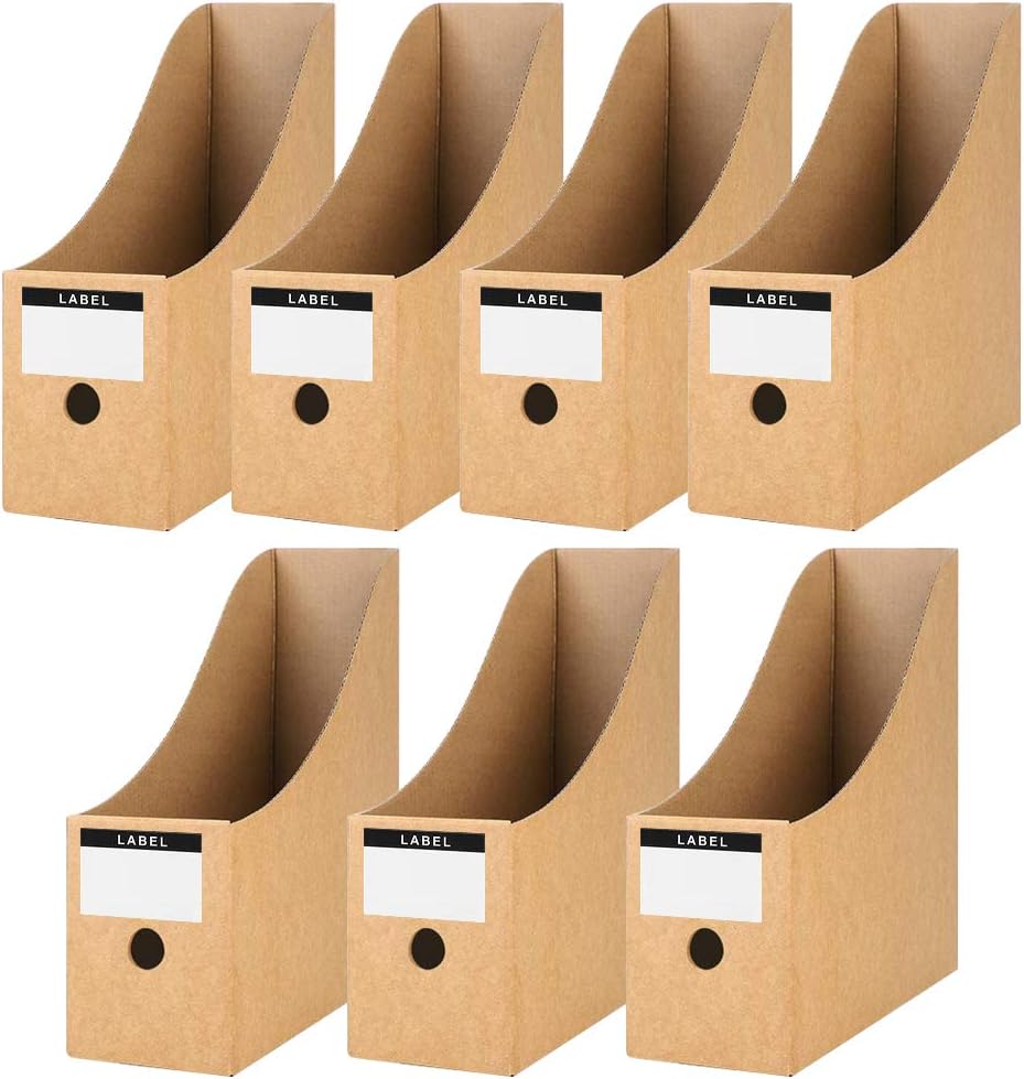 HAKACC 7 PCS Kraft Magazine File Holder, Desk Storage Organizer Magazine Storage with Blank Label Stickers for Office Home