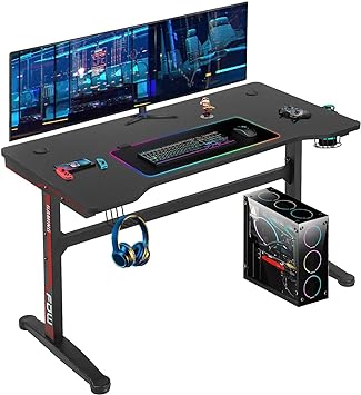 Computer Desk Gaming Desk 47 inches Office Desk Carbon Fiber Cup Holder and Socket Rack Full-Surface Mouse Pad