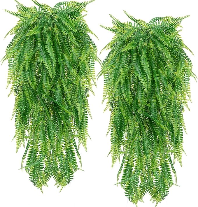 HANDIC Artificial Hanging Plants 2pcs Fake Hanging Plant Faux Hanging Ferns Plant Artificial Outdoor Plants UV Resistant Plastic Plants (Green)