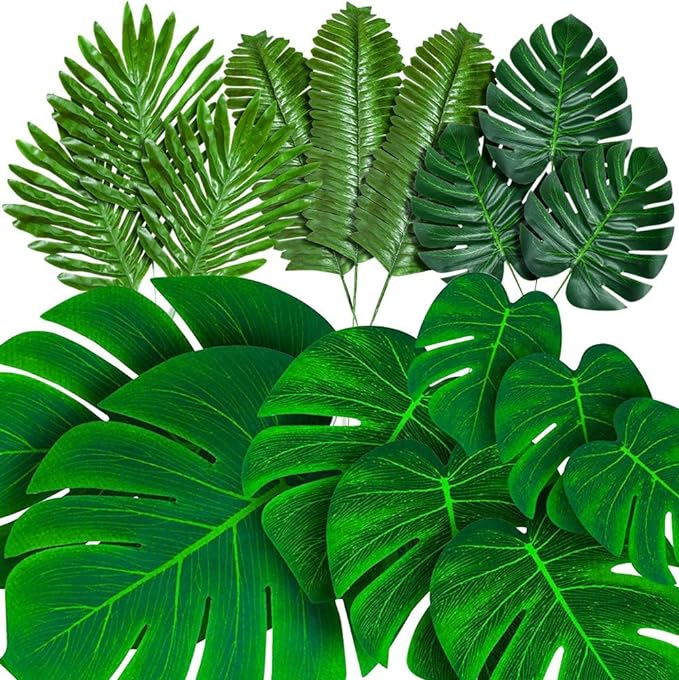 HANDIC 96 Pack Palm Leaves Artificial Tropical Monsteras Faux Palm Fronds Monstera Stems Luau Hawaiian Party (Green)