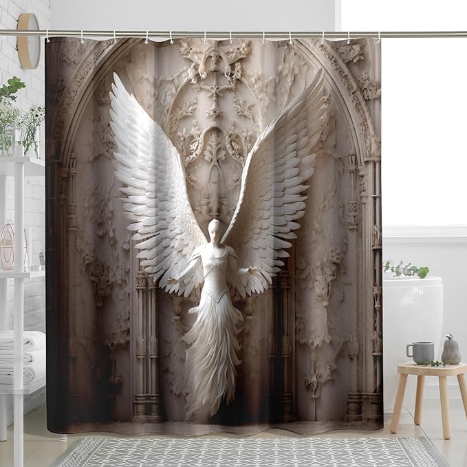 TPHIHPT Angel Shower Curtain Renaissance Romantic Cute Bathroom Sets Vintage Machine Washable Bathroom Decor Cloth Fabric Bathtub Shower Curtain with Design,White,72x72 Inch