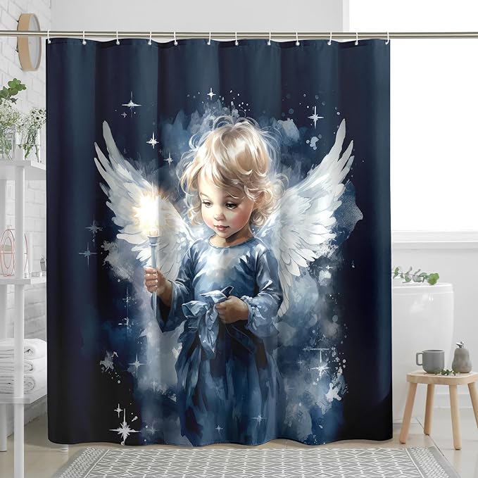 TPHIHPT Angel Shower Curtain Renaissance Vintage Romantic Cute Bathroom Sets Bathroom Decor Machine Washable Cloth Fabric Shower Curtain with Design Bathtub,Blue White,72x72 Inch