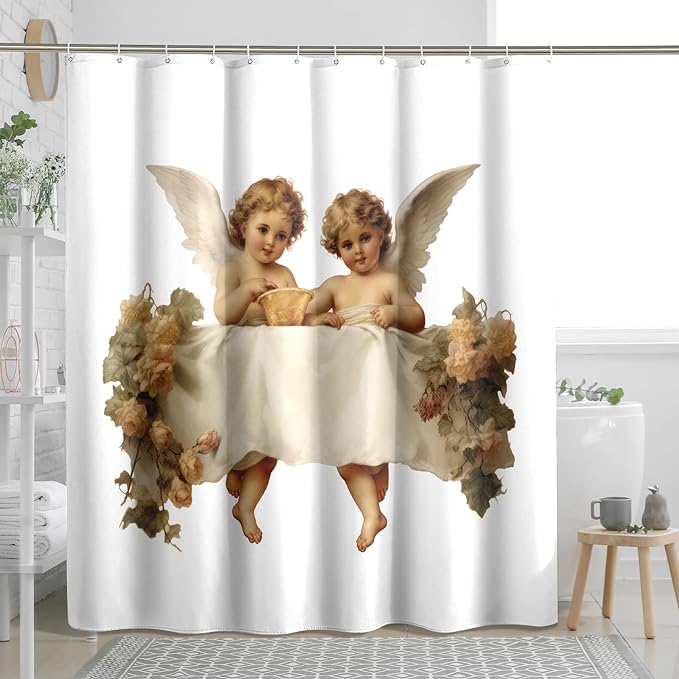 TPHIHPT Angel Shower Curtain Cute Bathroom Sets Renaissance Vintage Romantic Bathroom Decor Cloth Fabric Bathtub Machine Washable Shower Curtain with Design,White,72x72 Inch