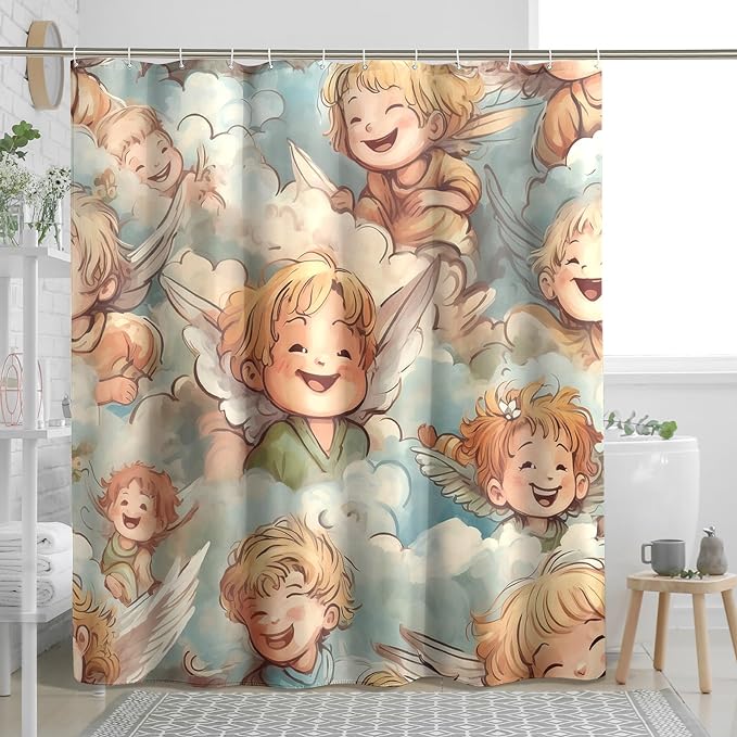 TPHIHPT Angel Shower Curtain Vintage Romantic Renaissance Cute Bathroom Sets Cloth Fabric Machine Washable Bathroom Decor Shower Curtain with Design Bathtub,Teal,72x72 Inch