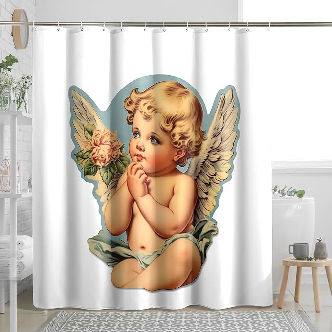 TPHIHPT Angel Shower Curtain Renaissance Vintage Cute Bathroom Sets Romantic Machine Washable Cloth Fabric Bathroom Decor Shower Curtain with Design Bathtub,White,72x72 Inch