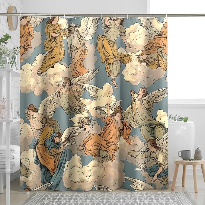 TPHIHPT Angel Shower Curtain Cute Bathroom Sets Vintage Renaissance Romantic Machine Washable Shower Curtain with Design Cloth Fabric Bathroom Decor Bathtub,Blue,72x72 Inch