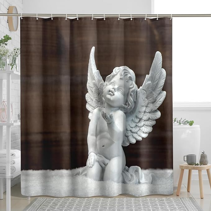 TPHIHPT Angel Shower Curtain Vintage Renaissance Cute Bathroom Sets Romantic Cloth Fabric Machine Washable Shower Curtain with Design Bathtub Bathroom Decor,White Brown,72x72 Inch