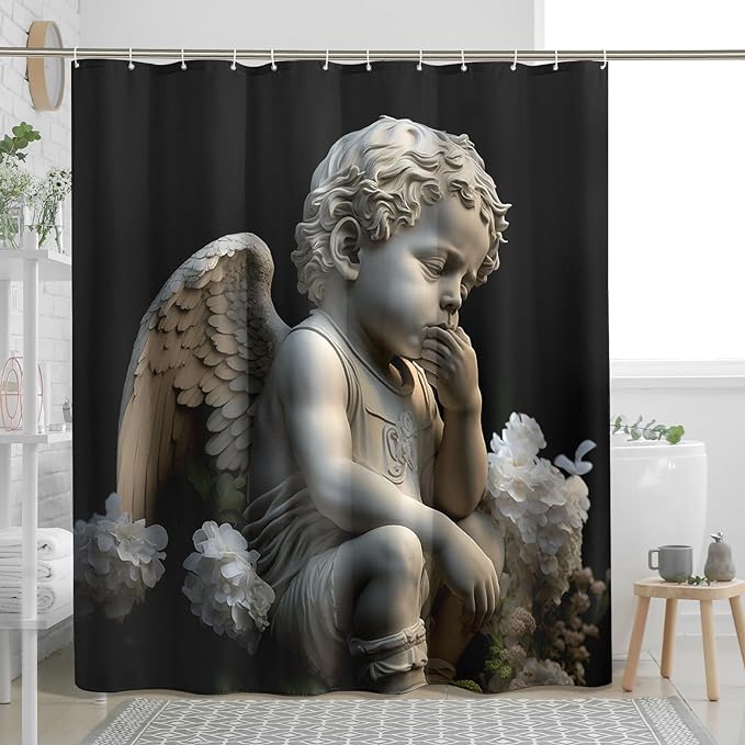 TPHIHPT Angel Shower Curtain Renaissance Cute Bathroom Sets Romantic Vintage Shower Curtain with Design Bathtub Cloth Fabric Bathroom Decor Machine Washable,Black,72x72 Inch