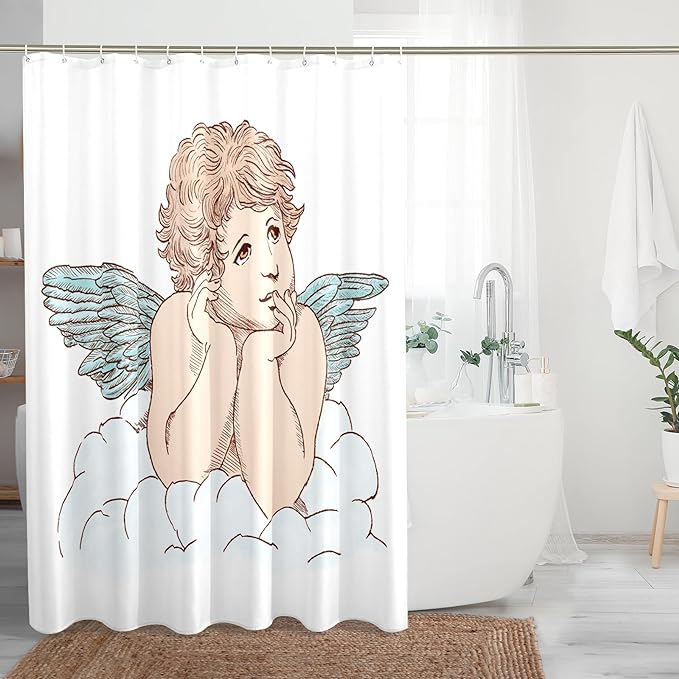 TPHIHPT Thinking Shower Curtain Kids Angel Cartoon Cute Bathtub Machine Washable Cloth Fabric Shower Curtain with Design Bathroom Decor,Light Blue Khaki,72x72 Inch