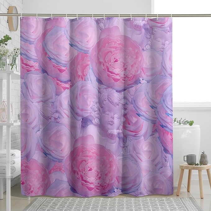 TPHIHPT Pink Floral Shower Curtain Preppy Angel y2k Cute Bathroom Decor Shower Curtain with Design Machine Washable Bathtub Cloth Fabric,Pink,72x72 Inch