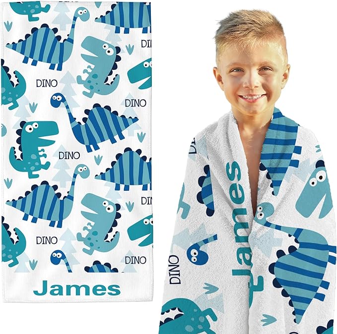 TPHIHPT Custom Beach Towels for Boys Cute Customized Beach Towels with Names Dinosaur Personalized Beach Towels for Kids 30x60 Inch