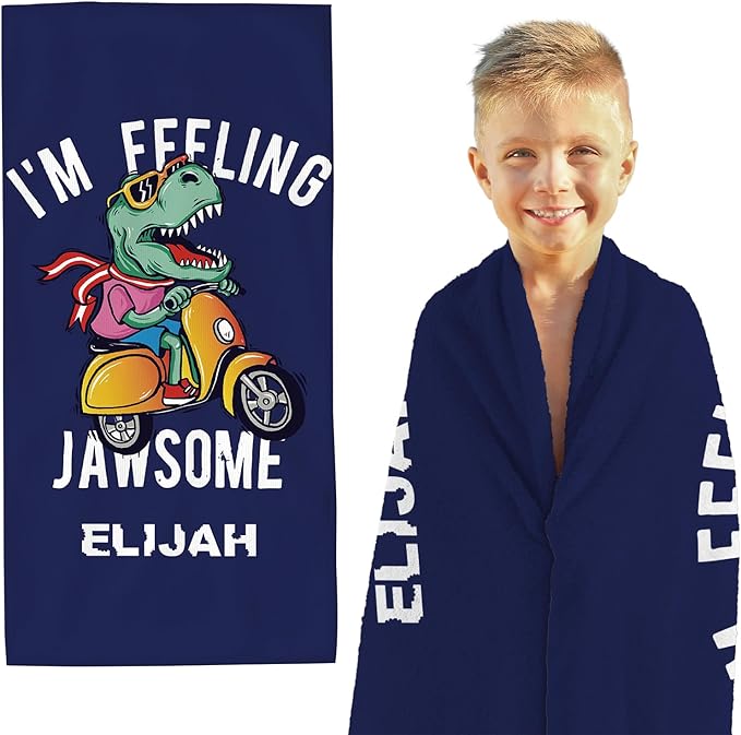 TPHIHPT Blue Custom Beach Towels for Boys Funny Customized Beach Towels with Names Dinosaur Personalized Beach Towels for Kids 30x60 Inch