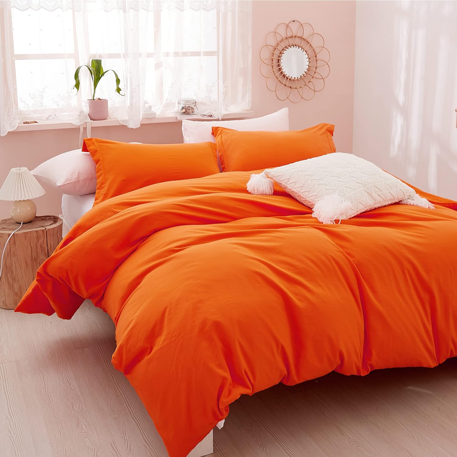 Bright Orange Duvet Cover Queen Size, 3 Pieces Ultra Soft Comfortable Microfiber Bedding Duvet Cover Set, 100% Washed Breathable for a Better Sleep with Hidden Zipper Closure, Corner Ties