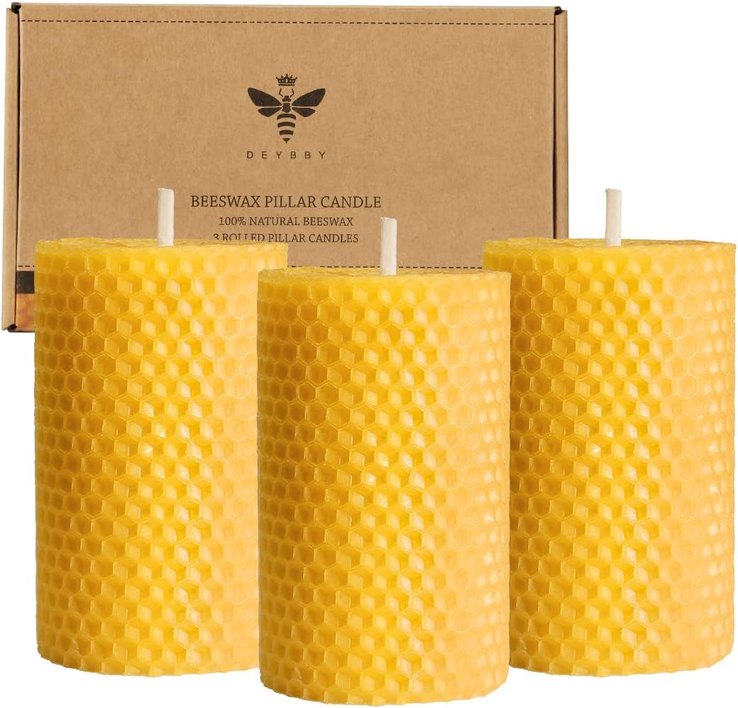 Beeswax Pillar Candles Set of 3 - Handmade Pure Beeswax Rolled Candles for Gift & Home Decor