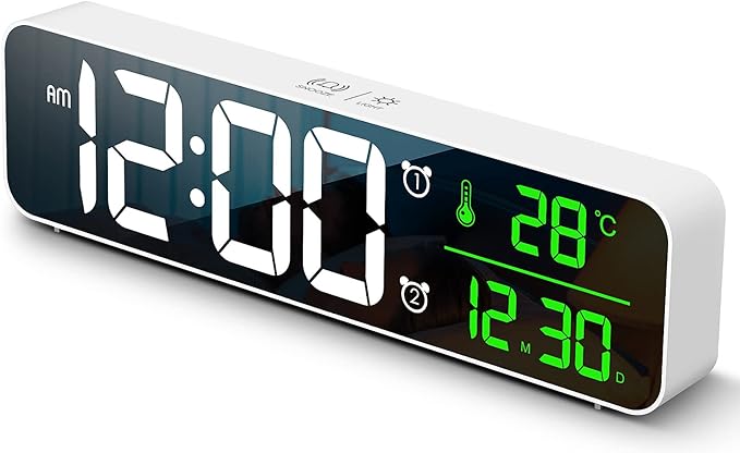 Digital Clock, Clock for Bedroom, Digital Wall Clock, Clocks for Living Room Decor, Desk Clock, Table Clock, Digital Clock Large Display, Smart Alarm Clock for Office Green (Wired White+Green Digit)