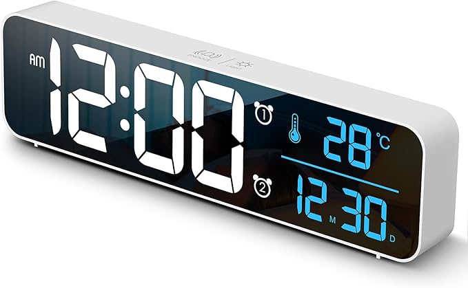 Hournor Digital Clock, Clock for Bedroom, Digital Wall Clock, Clocks for Living Room Decor, Desk Clock, Table Clock, Digital Clock Large Display, Smart Alarm Clock for Office (Wired White Blue Digit)