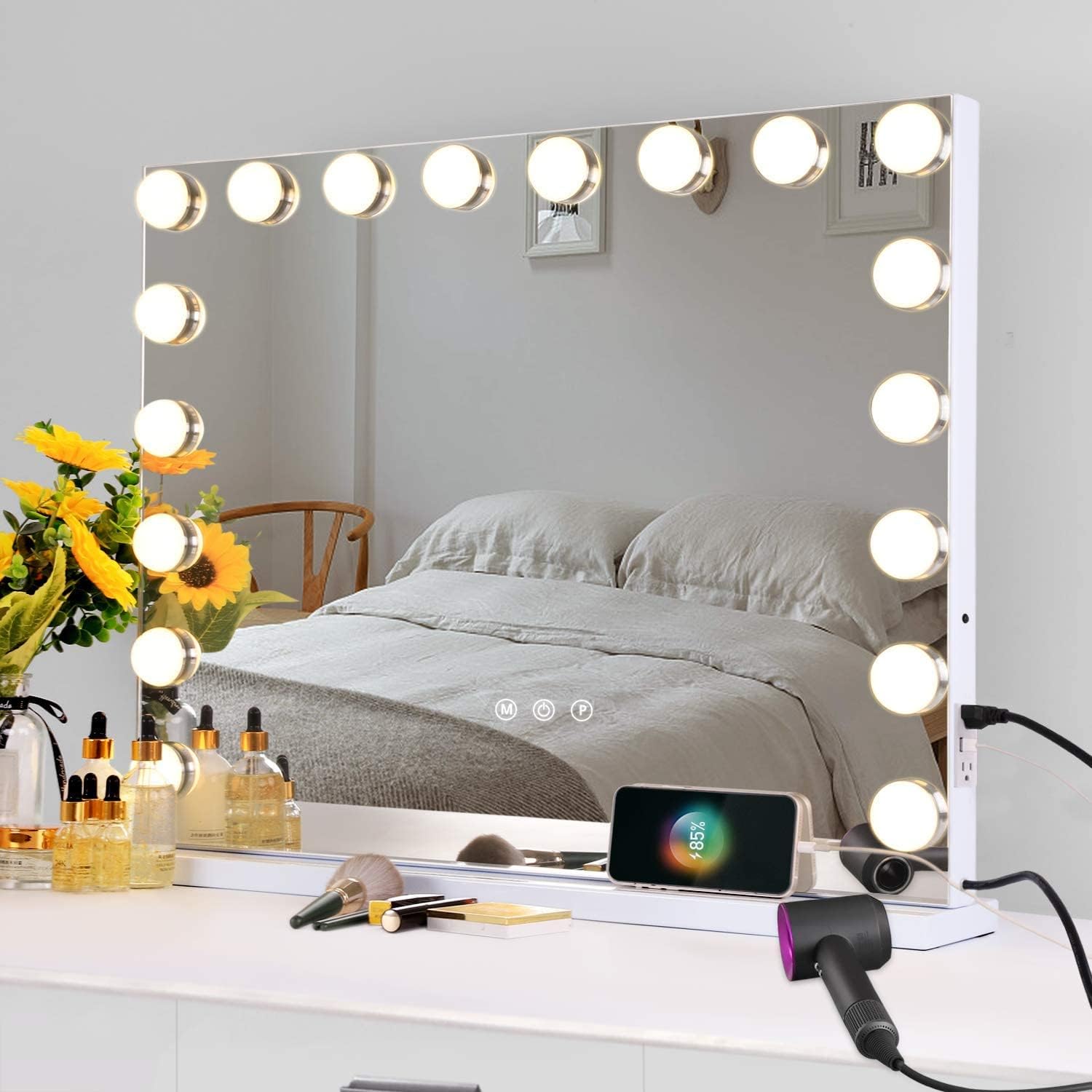 Hansong Hollywood Mirror with Lights and Outlet Socket 18 LED Bulbs Vanity Makeup Mirror with Lights Large Lighted Vanity Mirror 3 Color Lighting Modes, 27.55x21.65 Inch with Outlet