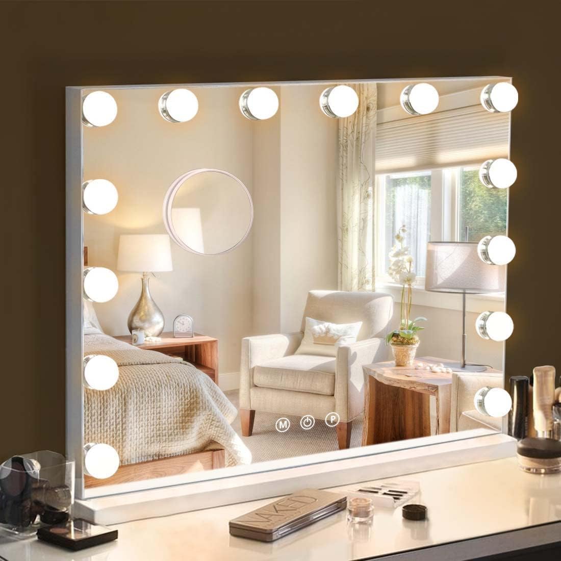 Hansong Vanity Mirror with Lights Hollywood Makeup Mirror with 14 Dimmable LED Bulbs for Bedroom Hollywood Mirror with Smart Touch Control Tabletop Mirror or Wall Mounted